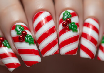 Fototapeta premium Festive candy cane striped fingernails adorned with holly and berries, showcasing a holiday manicure design.