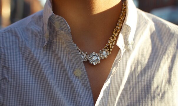 Close-up of a light gray/white patterned button-down shirt with a rhinestone necklace