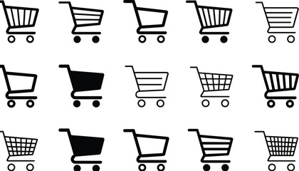 Shopping cart icon set with e-commerce, online store, supermarket, retail, basket, and trolley illustrations for business and commerce