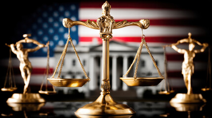 Justice in America: Scales of Justice with American Flag and Courthouse in Background