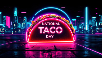 Neon taco celebration in urban nightscape for national taco day festivities