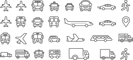 Transport and travel icon set with airplane, bus, car, truck, train, walking, and location symbols for navigation and journey