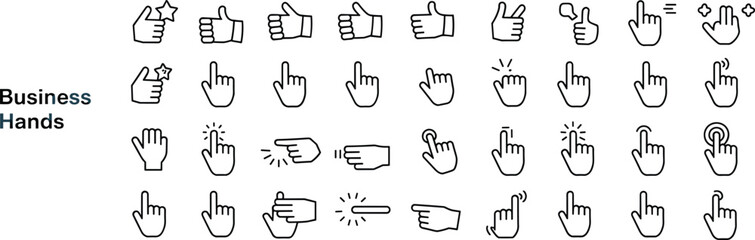 Business hands gesture icon set including thumbs up, pointing finger, clicking hand, swiping motion, star rating, and touch