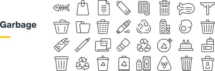 Garbage and recycling icon set including trash can, recycle bin, plastic bottle, paper waste, food waste, eco-friendly waste management illustration