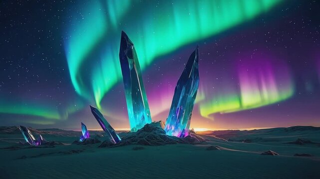 Colorful aurora borealis lighting surreal arctic crystals glowing in icy dreamlike night fantasy 4K video