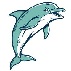 Fototapeta premium Stylized Teal Dolphin Leaping with Open Mouth and Dark Blue Outline animal ocean