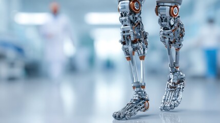 Male prosthetic technology concept showing modern limb replacement with patient and specialist in clinical environment