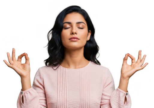 Serene indian woman meditating in peaceful zen pose with eyes closed embracing calmness transparent background