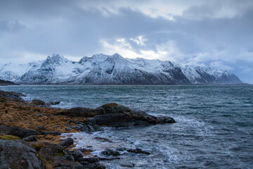 Mountains in the background of the Norwegian fjord.