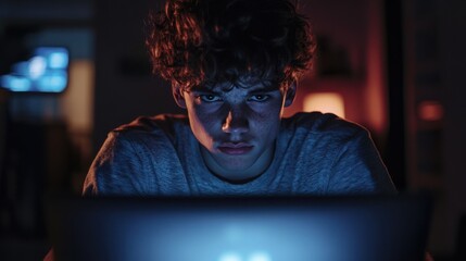 Teenage boy sitting in darkness illuminated only by a glowing laptop screen, face absorbed in online gaming