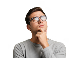Thoughtful man wearing glasses pondering deeply looking upwards with chin resting on hand transparent background