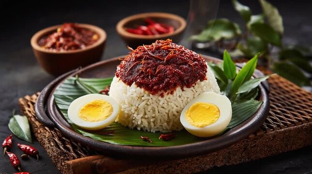 Nasi Lemak Malaysian Traditional Dish with Coconut Rice, Fried Egg, Sambal Chili, Cucumber, Peanuts and Anchovies, Authentic Southeast Asian Cuisine Served in Wooden Bowl for Stock Footage