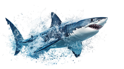Dynamic shark jumping out of water with splash effect, PNG style transparent background for ocean and marine life designs
