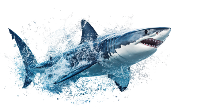 Dynamic shark jumping out of water with splash effect, PNG style transparent background for ocean and marine life designs