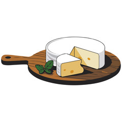 Brie cheese wooden tray realistic food image isolated vector illustration on white background