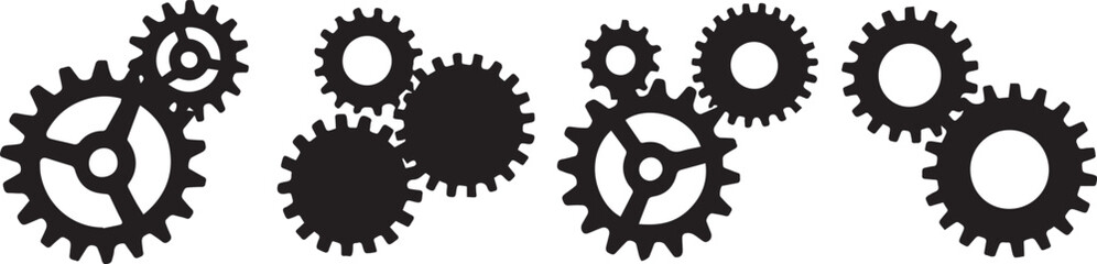Set of black gear and cogwheel icons representing machinery, teamwork, engineering, mechanics, automation, process management, system development, and industrial technology design