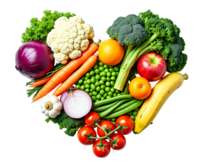  a heart shape arrangement of fresh vegetables and fruits isolated on transparent background