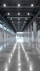 Fototapeta premium Modern empty warehouse interior with concrete floor, industrial lighting, wide perspective, minimalistic architecture, high ceiling, spacious logistics center, contemporary storage facility