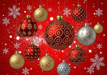 Festive Red Christmas Ornament Background - Sparkling Gold, Silver, and Burgundy Baubles.