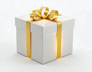 Obraz premium A white gift box with a golden ribbon and bow, illuminated from within.