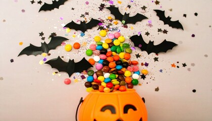 Fototapeta premium Halloween treats spilling from a pumpkin pail, surrounded by bats and confetti, overhead view