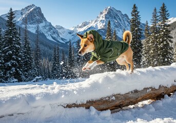 Shiba inu dog jumps over log in snowy mountain landscape