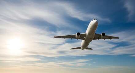 Obraz premium Airplane ascends toward a partly cloudy blue sky with the sun rising nearby