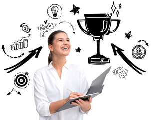 Isolated woman holding folder and pen, smiling, with business doodles like trophy, arrows, and charts around her on white background, symbolizing success