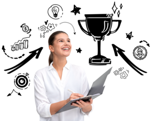 Isolated woman holding folder and pen, smiling, with business doodles like trophy, arrows, and charts around her on white background, symbolizing success