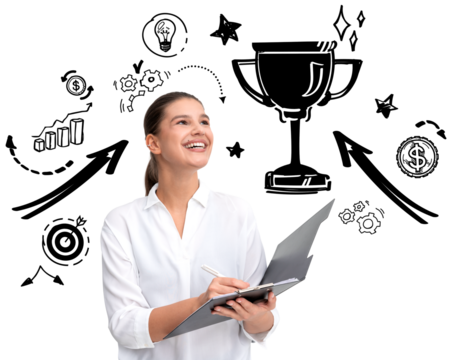 Isolated woman holding folder and pen, smiling, with business doodles like trophy, arrows, and charts around her on white background, symbolizing success