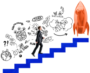 Isolated man in suit climbs blue stairs toward red rocket, surrounded by sketched business icons on white background, symbolizing startup success journey