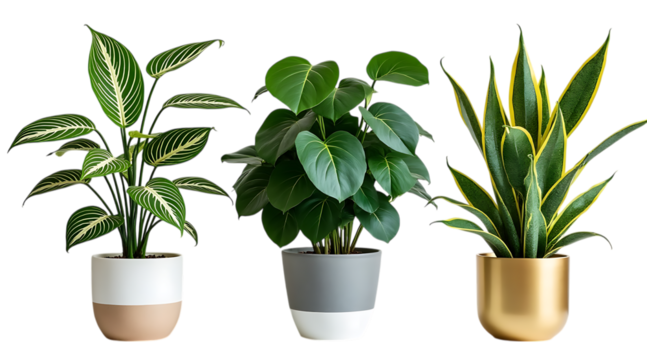  three different potted houseplants isolated on transparent background