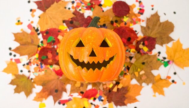 Festive Halloween Pumpkin Surrounded by Autumn Leaves and Confetti