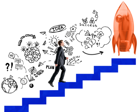Isolated man in suit climbs blue stairs toward red rocket, surrounded by sketched business icons on white background, symbolizing startup success journey