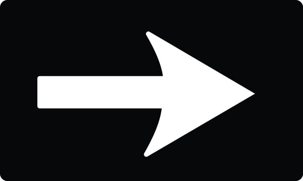Bold white right arrow symbol against a solid black rectangular background for directional navigation vector