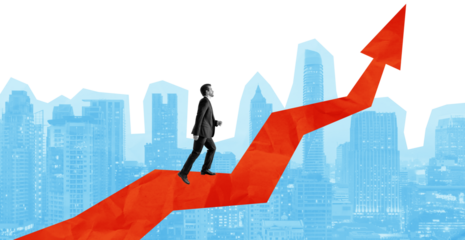 Isolated man in business suit walking upward on rising red arrow, blue city skyline in background, collage style, concept of success and career growth