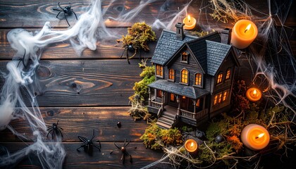 Spooky Halloween night with a miniature haunted house, glowing candles, and creepy spiderwebs on a dark wood background, setting an eerie festive mood
