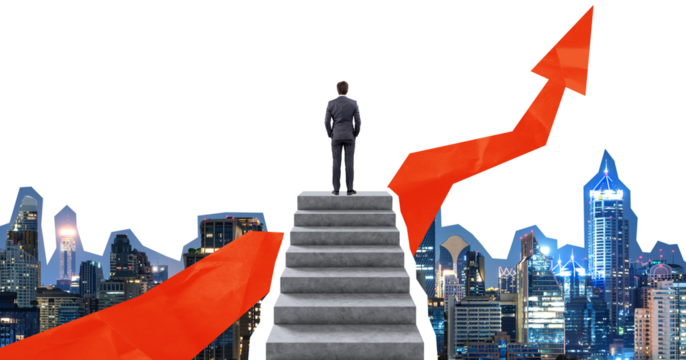 Isolated man in suit stands on top of concrete steps with red arrow pointing upward, set against city skyline and white background, symbolizing business growth