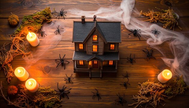 Miniature haunted house with glowing windows, surrounded by flickering candles, creepy spiders, and cobwebs on a dark wooden background, setting an eerie Halloween mood