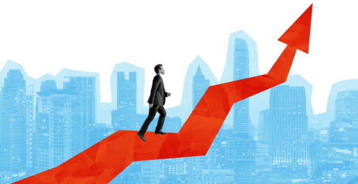 Isolated man in business suit walking upward on rising red arrow, blue city skyline in background, collage style, concept of success and career growth