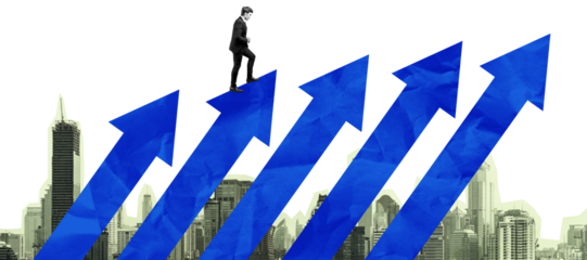 Isolated man walking on rising blue arrows above cityscape, collage style on white background, concept of business growth and individual career success