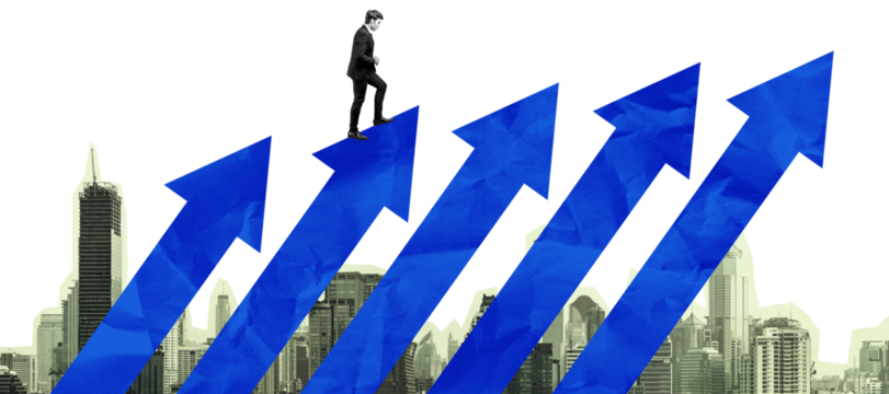 Isolated man walking on rising blue arrows above cityscape, collage style on white background, concept of business growth and individual career success