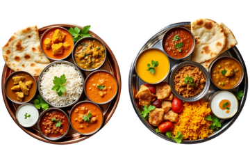  two indian thali meals with various dishes, isolated on transparent background