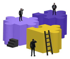 Isolated men in suits standing on large colorful puzzle pieces, with ladders and steps, on white background. Concept of teamwork, strategy, and career growth