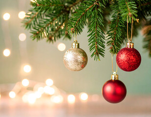 Festive Christmas ornaments hang from a pine branch, illuminated by soft, warm lights.