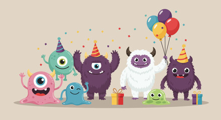 This Flat Design illustration depicts a lively group of diverse, friendly monster characters, including a one-eyed blob, a furry yeti, and a slime creature, happily gathered for a festive party © Aries