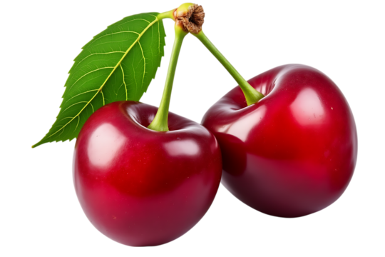  two red cherries with a leaf isolated on transparent background