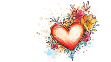 • A hand-drawn Mother’s Day card with a heart and flowers, isolated on white background in HD