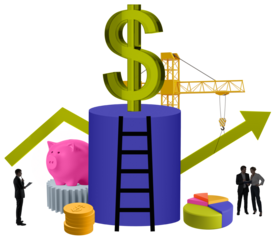 Isolated businesspeople near piggy bank, pie chart, coins, and large dollar sign with crane and arrows, on white background, symbolizing financial growth