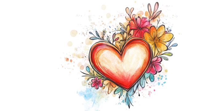 • A hand-drawn Mother’s Day card with a heart and flowers, isolated on white background in HD 